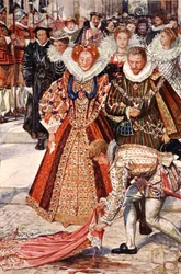 Walter Raleigh throwing his cloak down for Queen Elizabeth, illustration from 